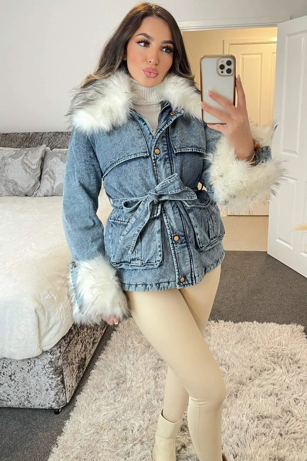 Gayle Blue Acid Wash Denim Faux Fur Jacket