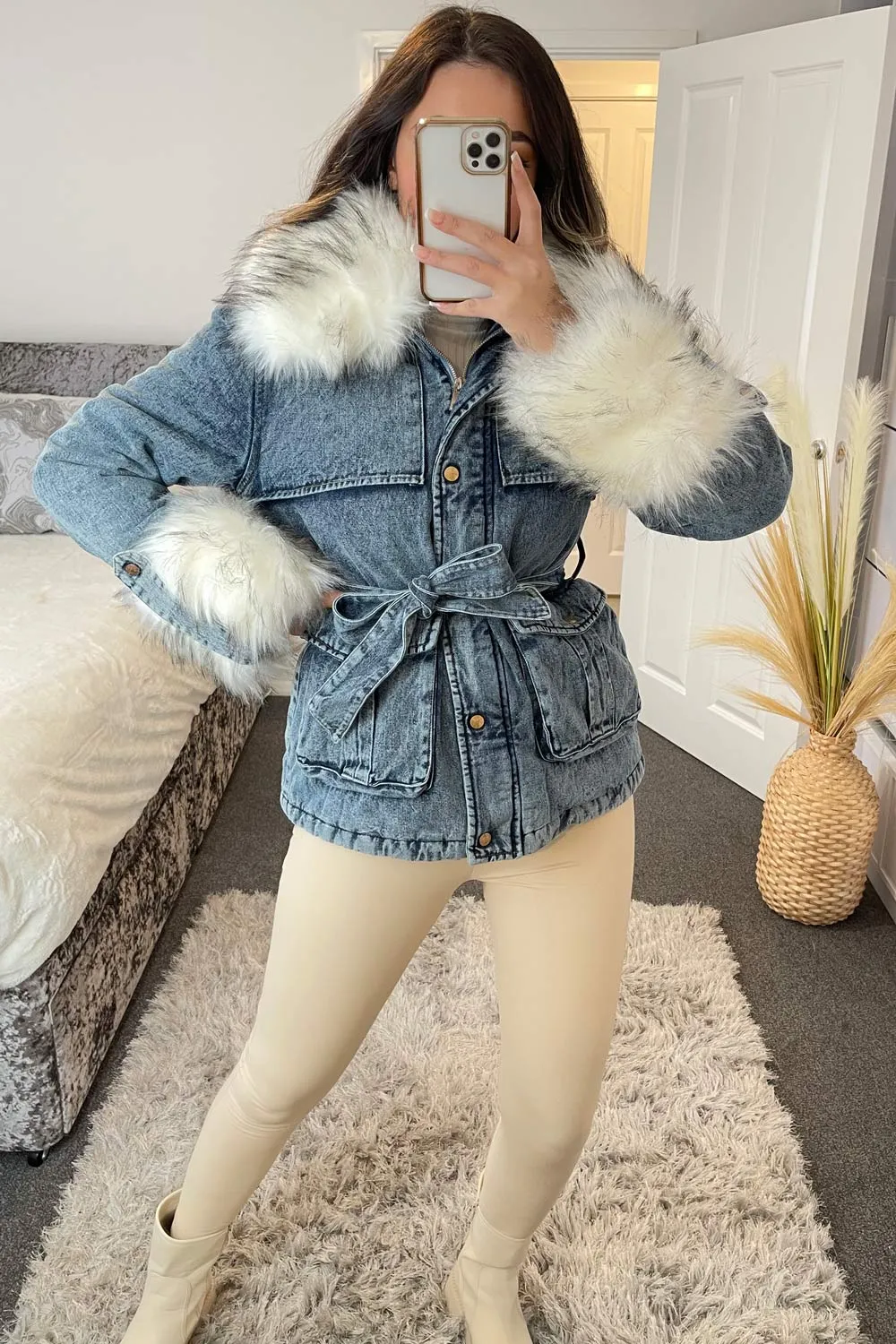 Gayle Blue Acid Wash Denim Faux Fur Jacket