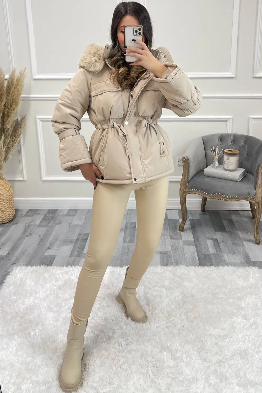 Gita Beige Padded Faux Fur Hooded Bell Sleeve Coat