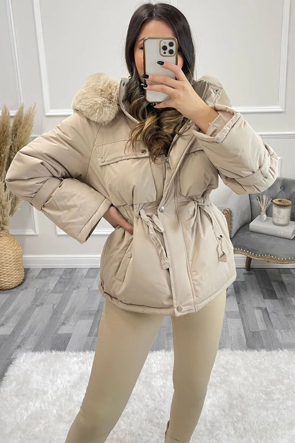 Gita Beige Padded Faux Fur Hooded Bell Sleeve Coat