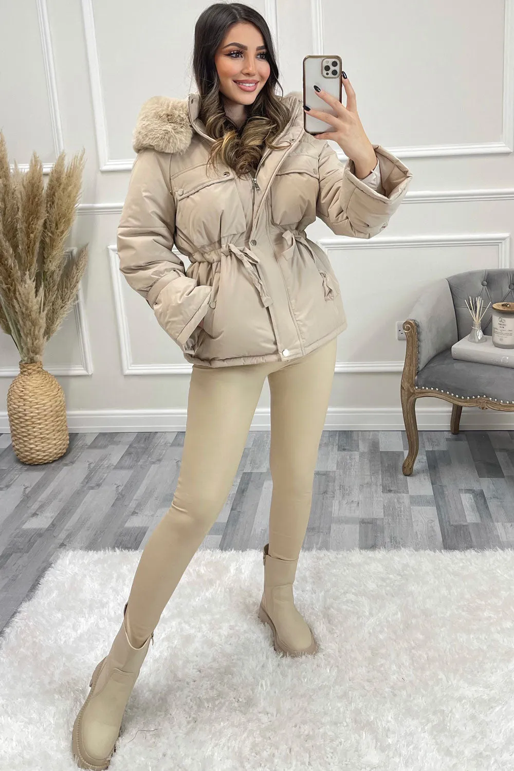 Gita Beige Padded Faux Fur Hooded Bell Sleeve Coat