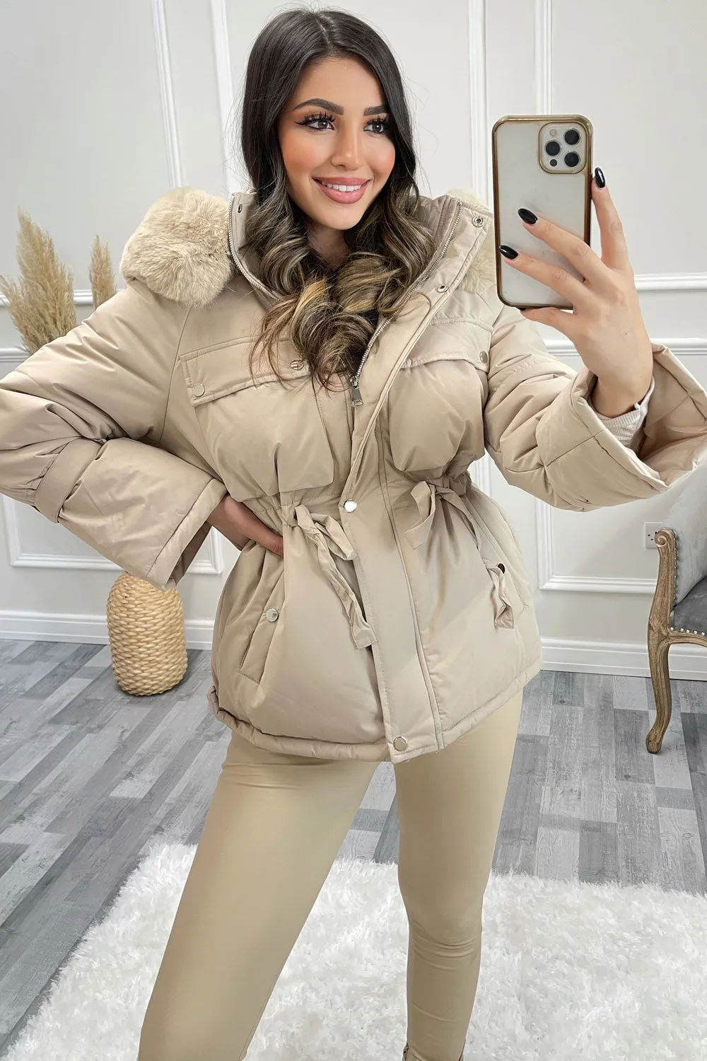 Gita Beige Padded Faux Fur Hooded Bell Sleeve Coat