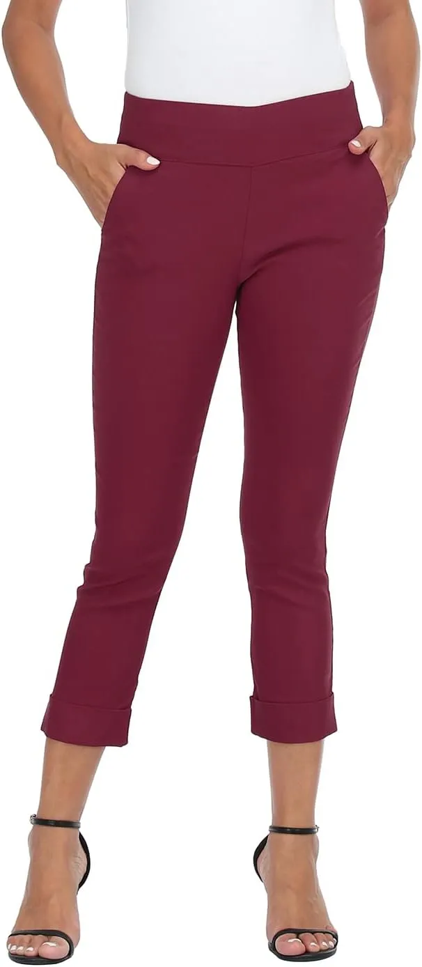 HDE Pull On Capri Pants for Women with Pockets Elastic Waist Cropped Work Pants
