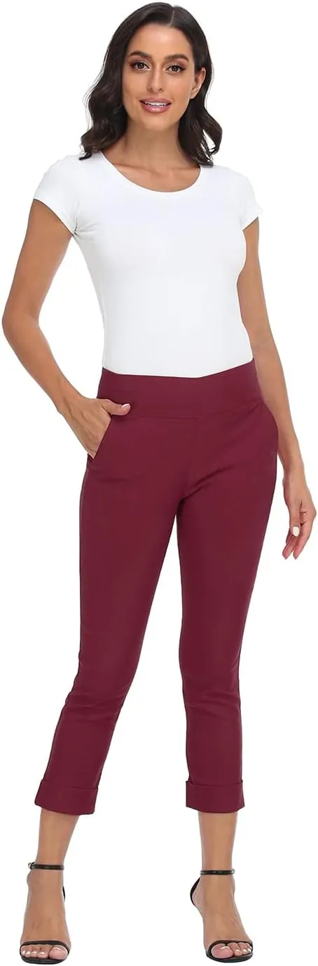 HDE Pull On Capri Pants for Women with Pockets Elastic Waist Cropped Work Pants