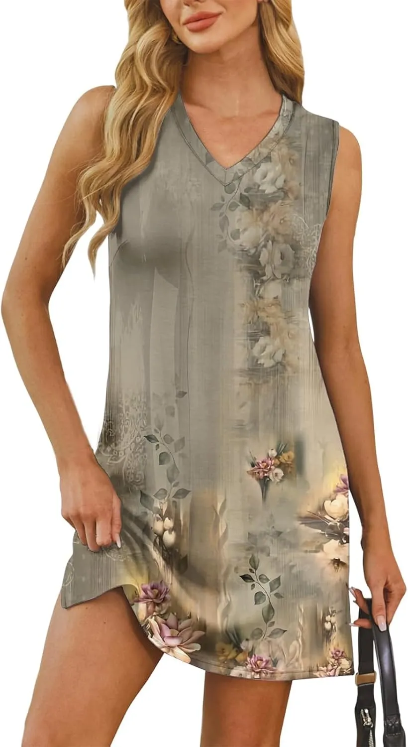 Hip Summer Sports Sundress Ladies Oversize Tanks Loose Fit Dress for Women Printed V Neck Comfort Dresses