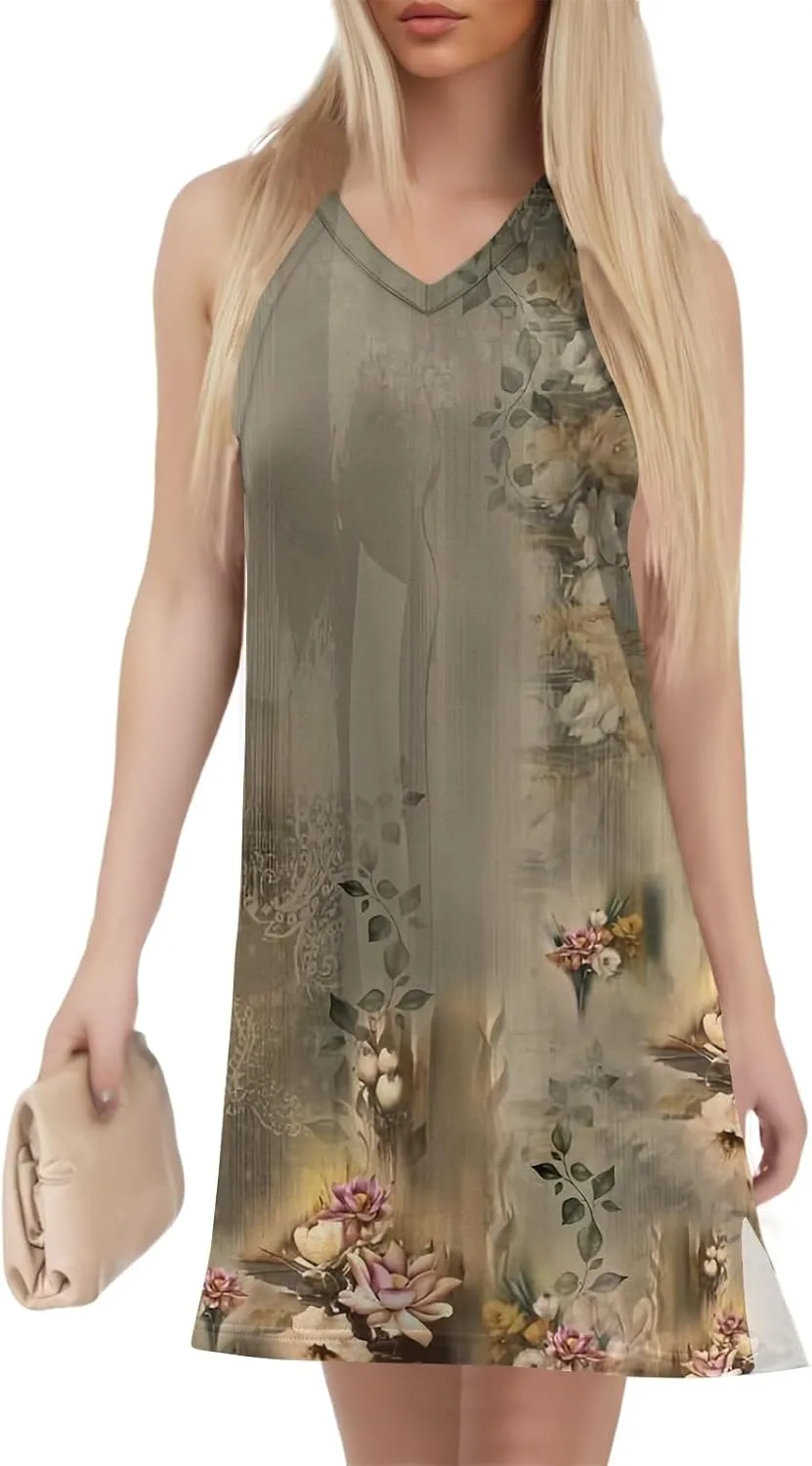 Hip Summer Sports Sundress Ladies Oversize Tanks Loose Fit Dress for Women Printed V Neck Comfort Dresses