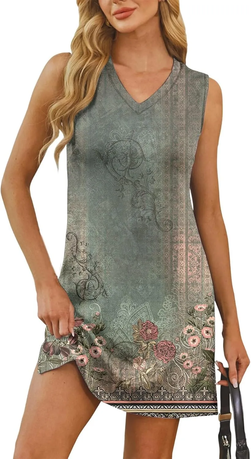 Hip Summer Sports Sundress Ladies Oversize Tanks Loose Fit Dress for Women Printed V Neck Comfort Dresses