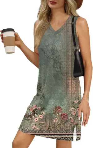 Hip Summer Sports Sundress Ladies Oversize Tanks Loose Fit Dress for Women Printed V Neck Comfort Dresses