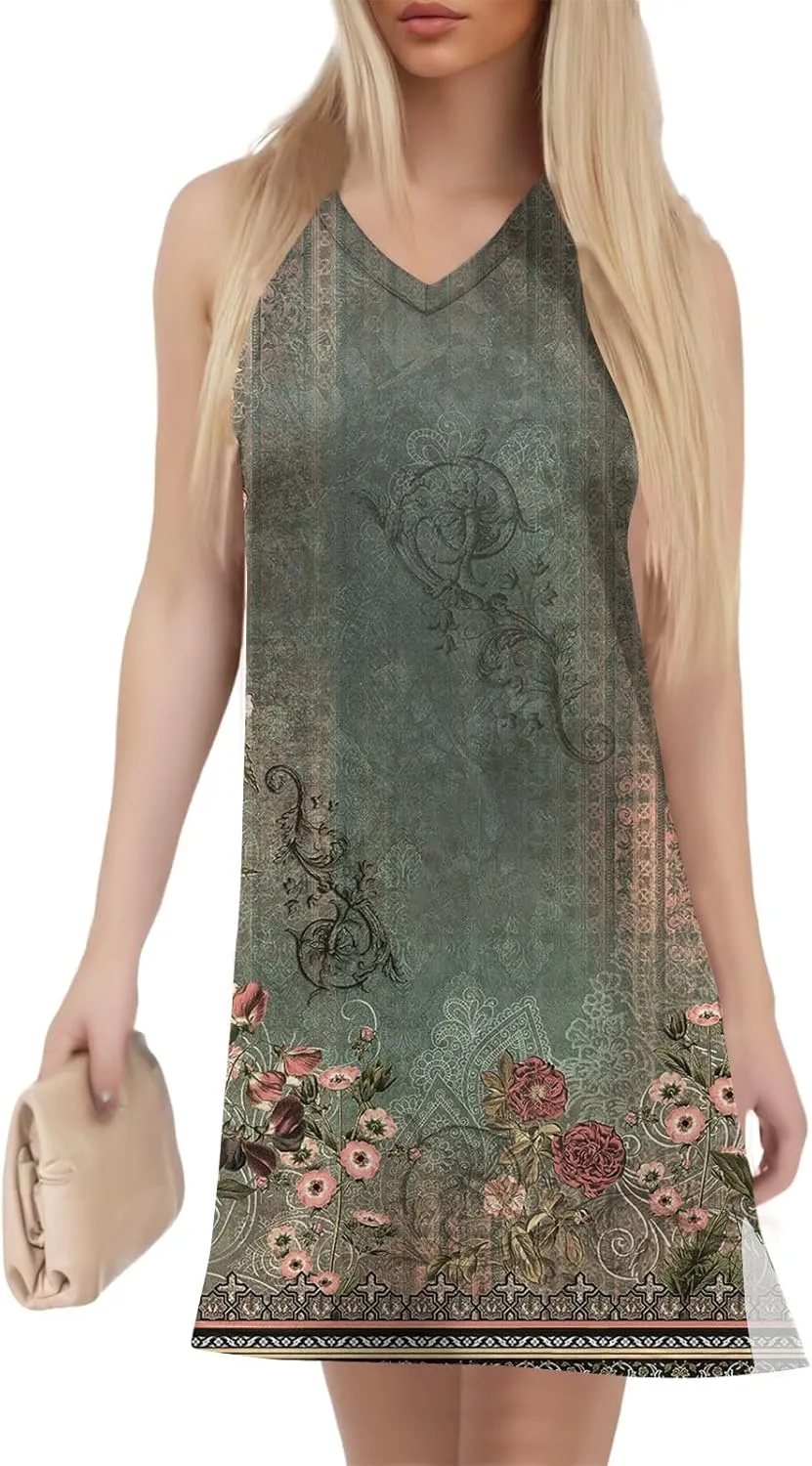 Hip Summer Sports Sundress Ladies Oversize Tanks Loose Fit Dress for Women Printed V Neck Comfort Dresses
