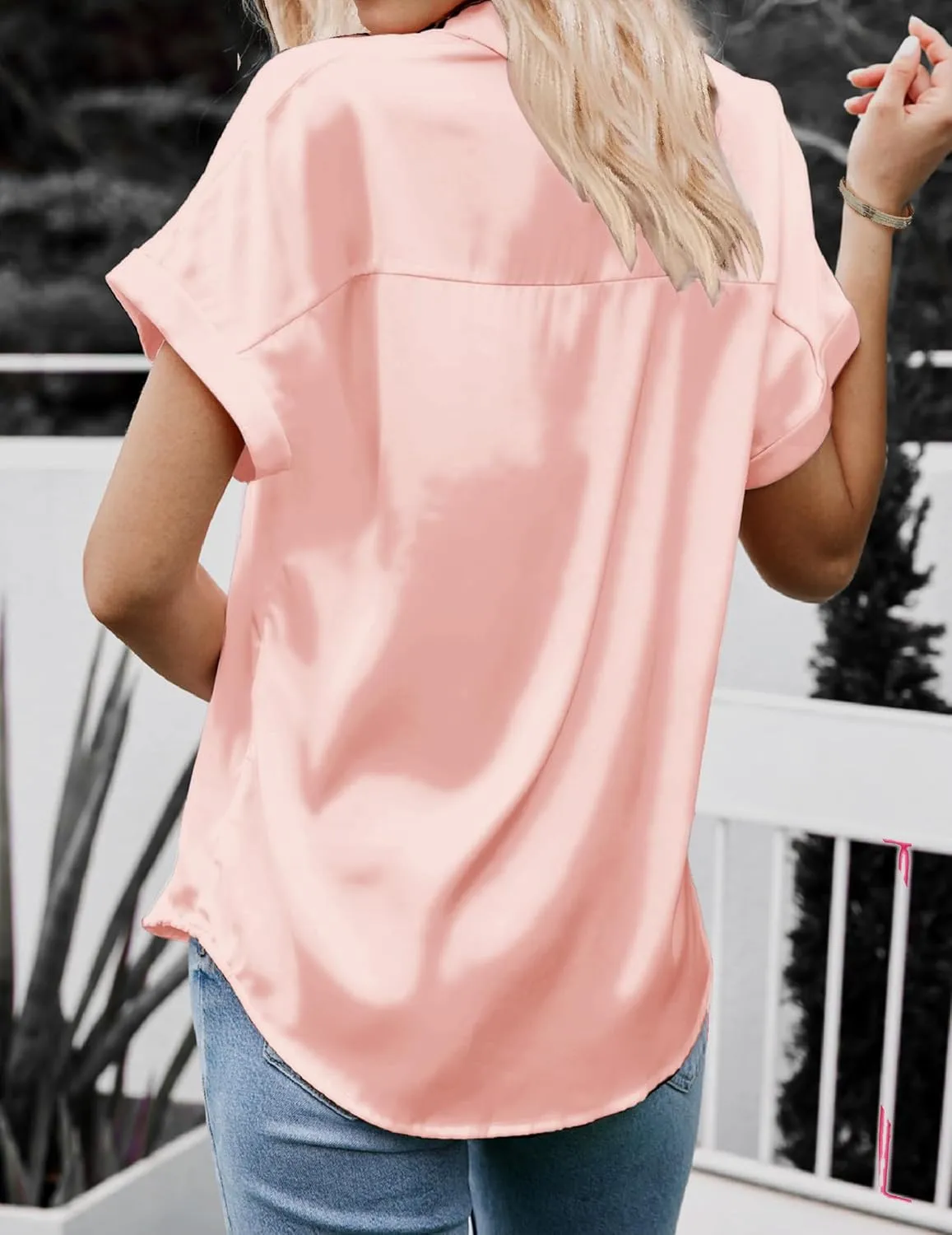 HOTOUCH Silk Button Down Shirts for Women Satin Short Sleeve V Neck Casual Work Office Blouse Tunic Tops