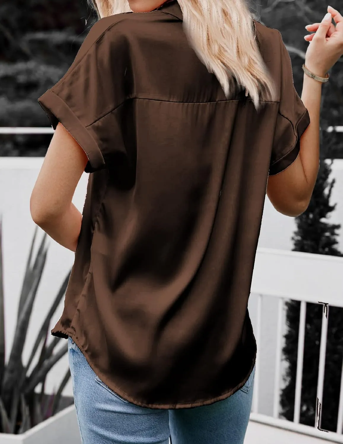 HOTOUCH Silk Button Down Shirts for Women Satin Short Sleeve V Neck Casual Work Office Blouse Tunic Tops