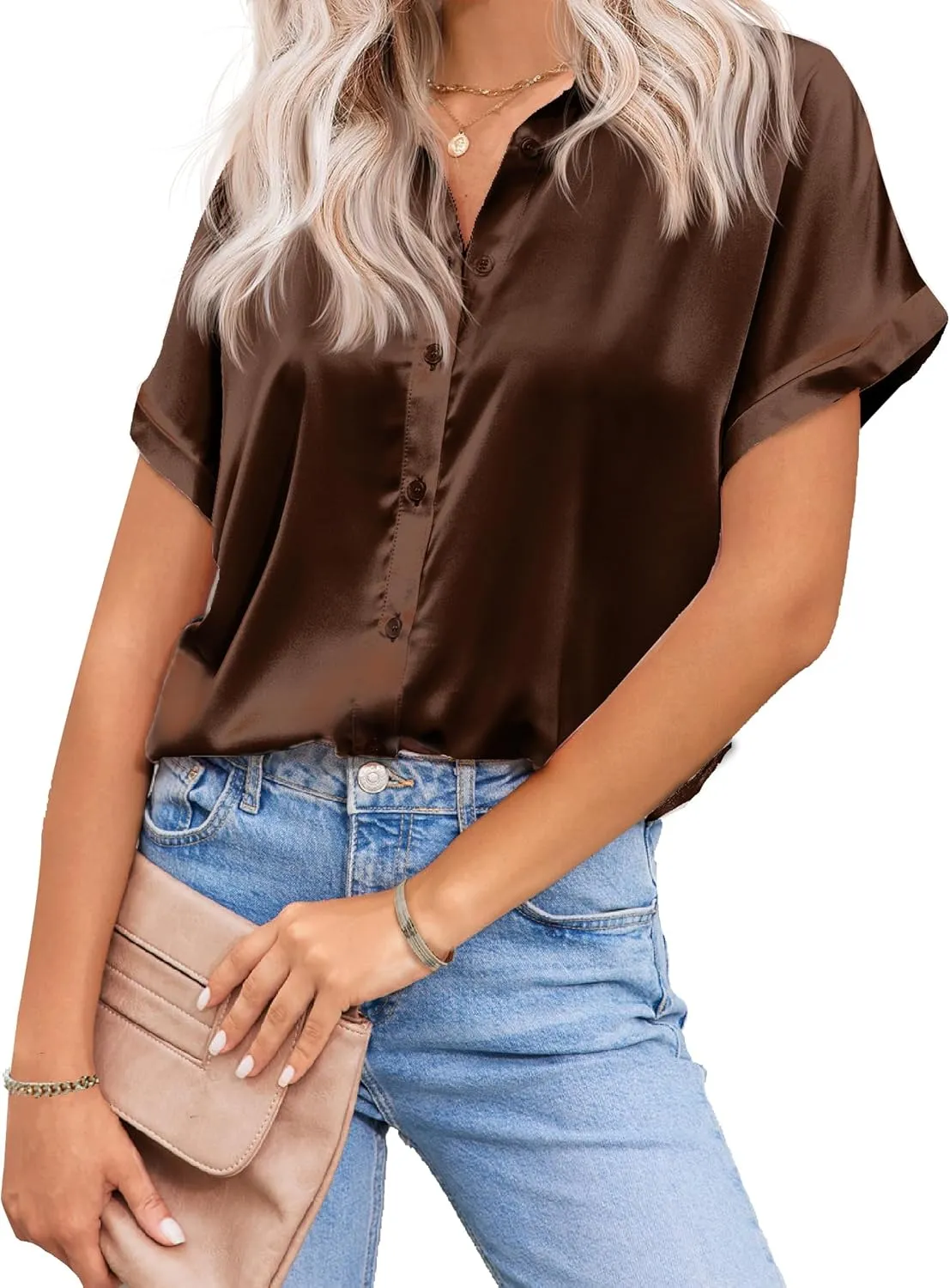 HOTOUCH Silk Button Down Shirts for Women Satin Short Sleeve V Neck Casual Work Office Blouse Tunic Tops