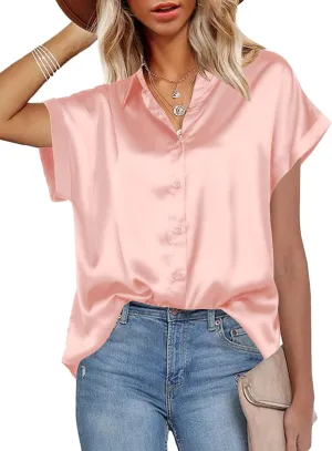 HOTOUCH Silk Button Down Shirts for Women Satin Short Sleeve V Neck Casual Work Office Blouse Tunic Tops