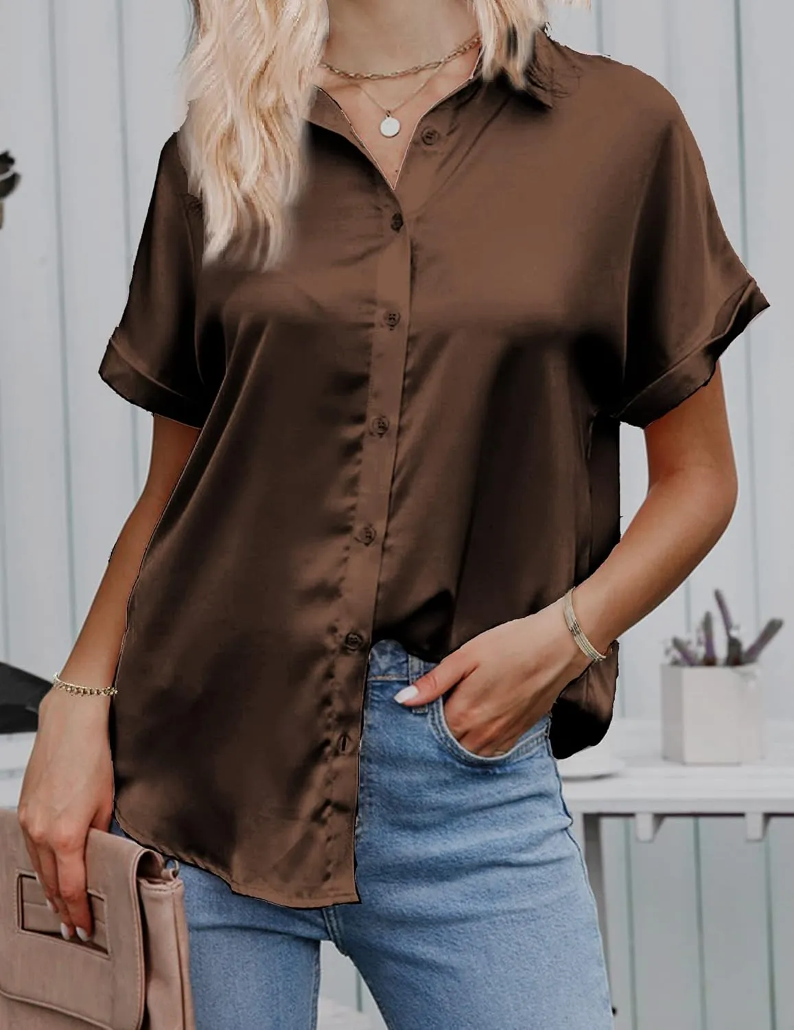 HOTOUCH Silk Button Down Shirts for Women Satin Short Sleeve V Neck Casual Work Office Blouse Tunic Tops