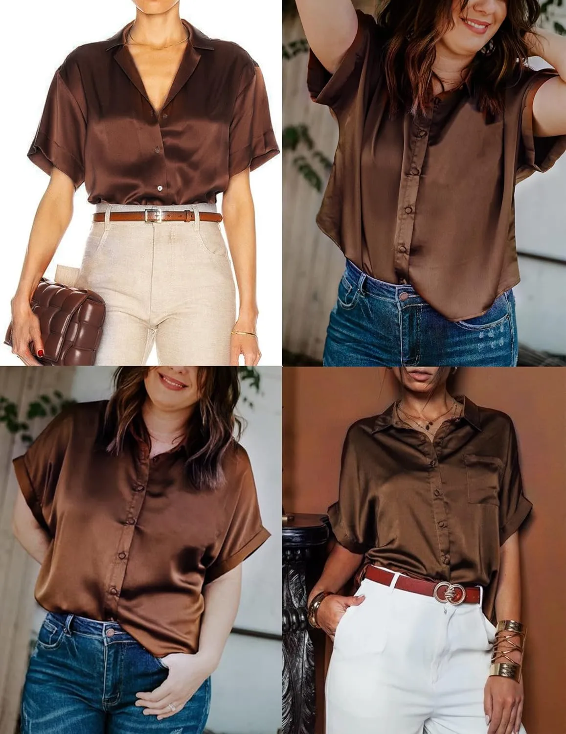 HOTOUCH Silk Button Down Shirts for Women Satin Short Sleeve V Neck Casual Work Office Blouse Tunic Tops