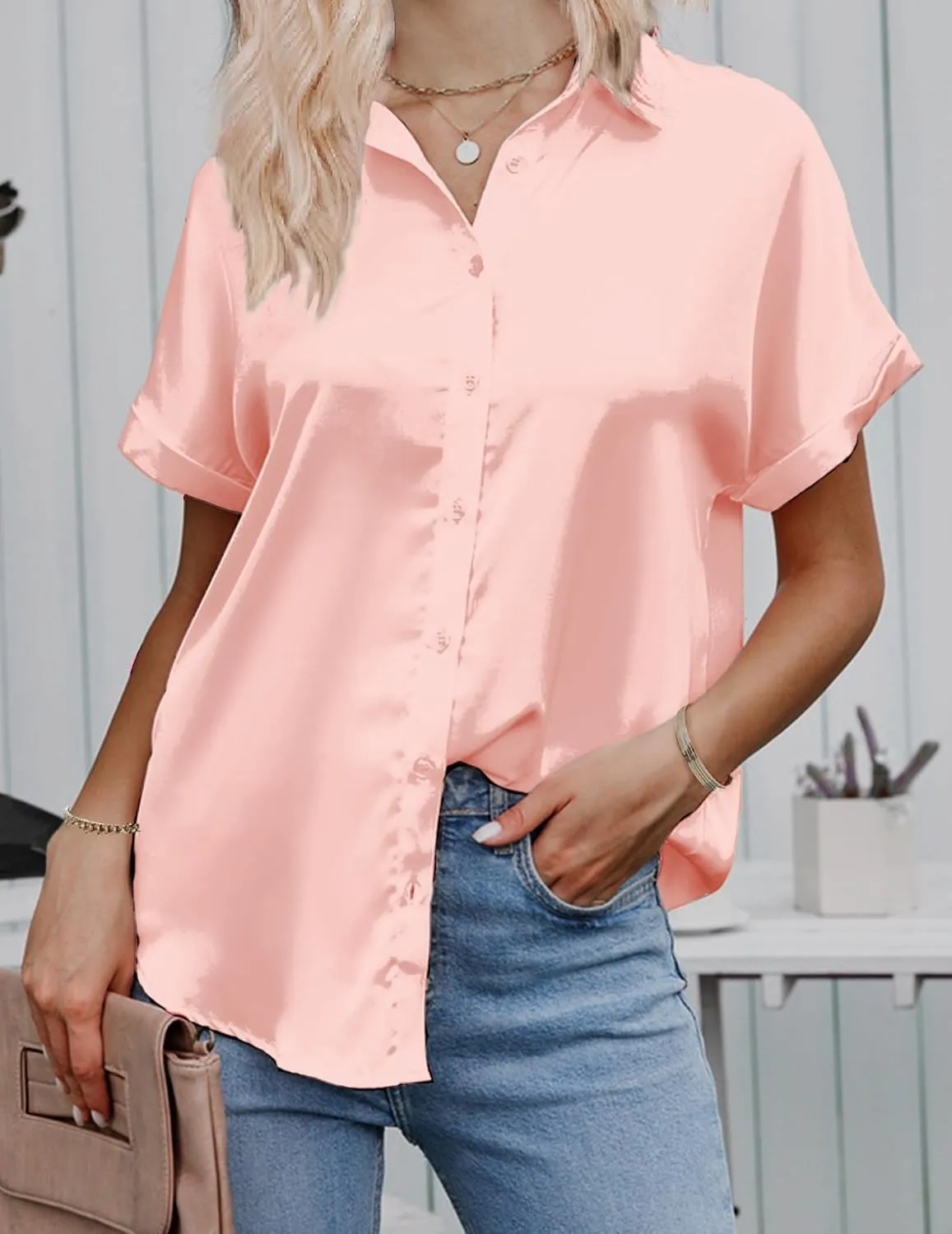 HOTOUCH Silk Button Down Shirts for Women Satin Short Sleeve V Neck Casual Work Office Blouse Tunic Tops
