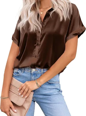 HOTOUCH Silk Button Down Shirts for Women Satin Short Sleeve V Neck Casual Work Office Blouse Tunic Tops