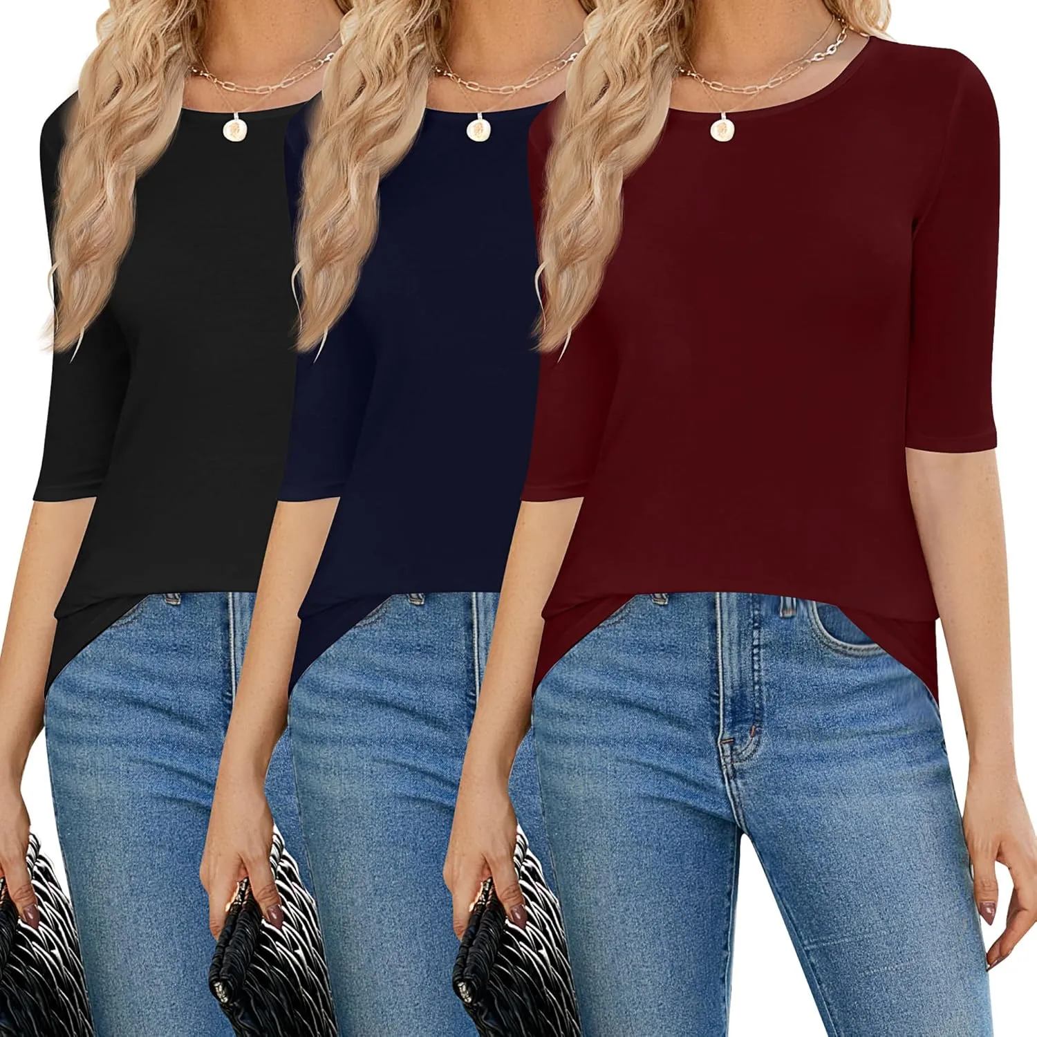 Huukeay 3 Pack Women's Half Sleeve T Shirt 1/2 Sleeve T Shirt Tops Womens Basic Round Neck Slim Fit Stretchy Tees