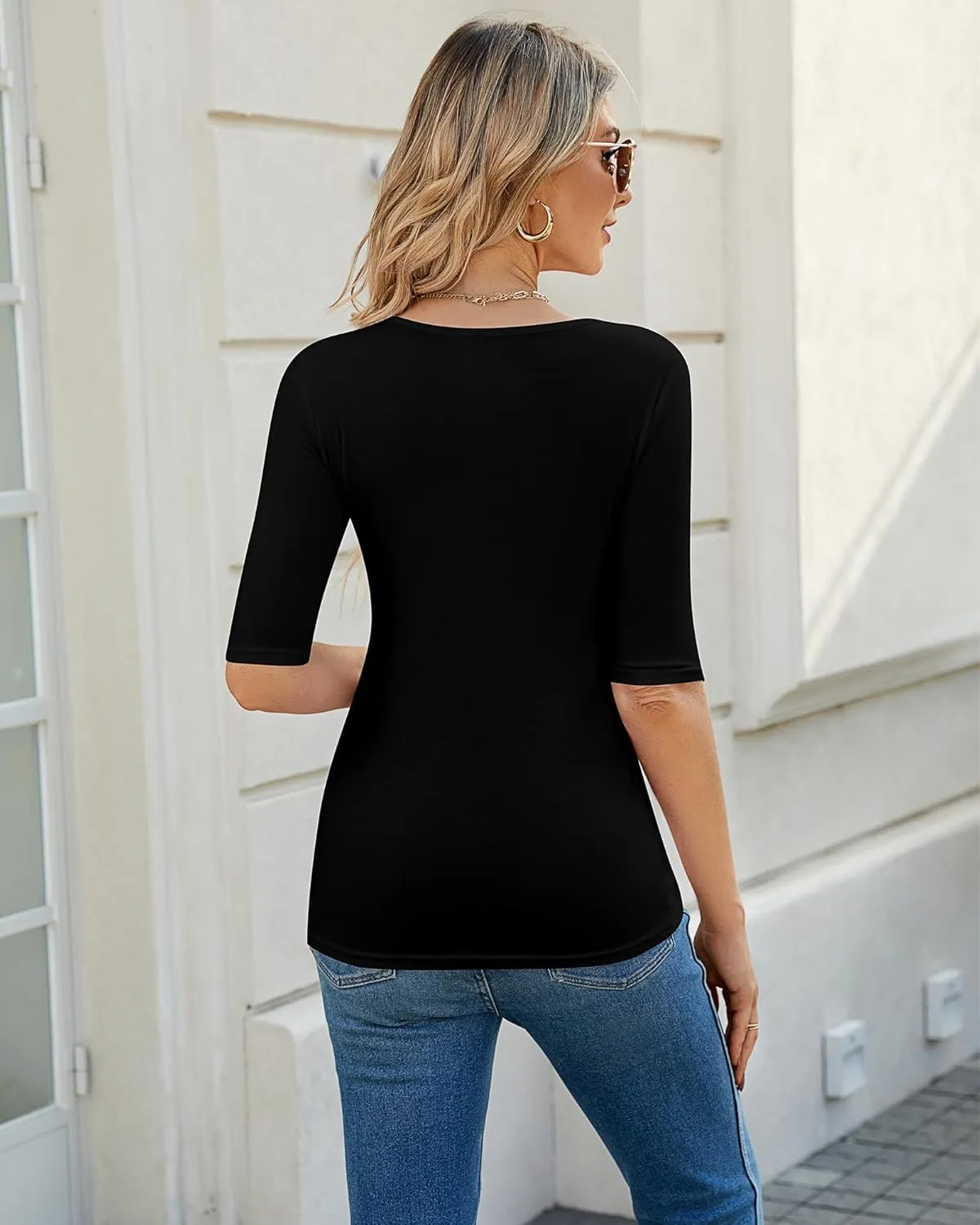 Huukeay 3 Pack Women's Half Sleeve T Shirt 1/2 Sleeve T Shirt Tops Womens Basic Round Neck Slim Fit Stretchy Tees