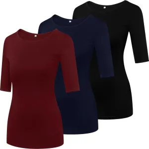 Huukeay 3 Pack Women's Half Sleeve T Shirt 1/2 Sleeve T Shirt Tops Womens Basic Round Neck Slim Fit Stretchy Tees