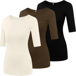 Huukeay 3 Pack Women's Half Sleeve T Shirt 1/2 Sleeve T Shirt Tops Womens Basic Round Neck Slim Fit Stretchy Tees