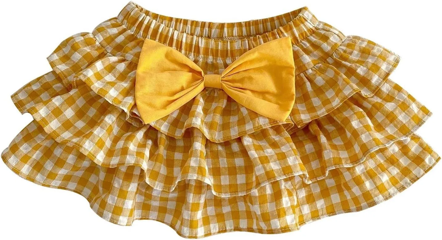 Hwafan Toddler Girls Summer Casual Comfort Solid Color Pleated Skirts Baby Girls Classic Plaid Bowknot Daily Wear Skorts