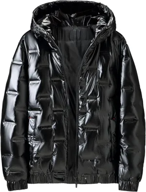 JEsilunmaMY Men's Thicken Shiny Puffer Jacket Winter Coat Zip Up Hooded Parka Down Jacket Waterproof Warm Snow Ski Puffy Coat
