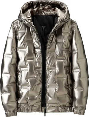 JEsilunmaMY Men's Thicken Shiny Puffer Jacket Winter Coat Zip Up Hooded Parka Down Jacket Waterproof Warm Snow Ski Puffy Coat
