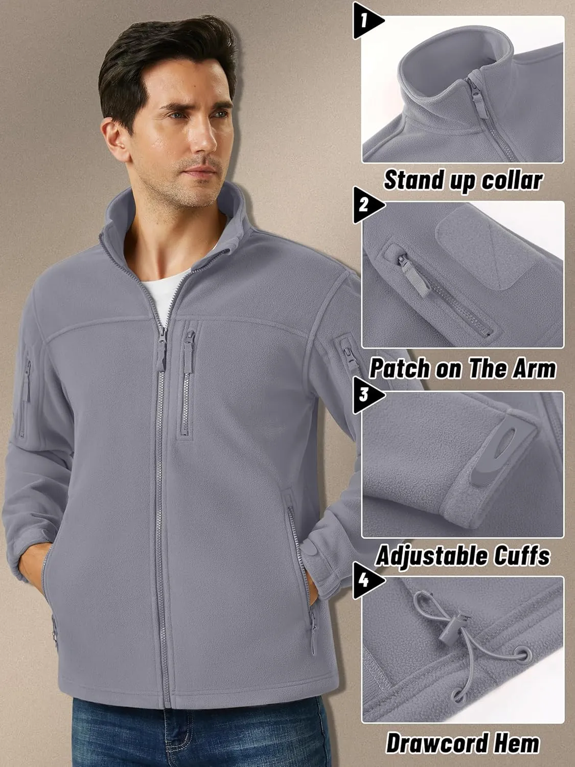 KEFITEVD Men's Tactical Fleece Jackets Full Zip Casual Outdoor Winter Warm Jacket Multi Pockets
