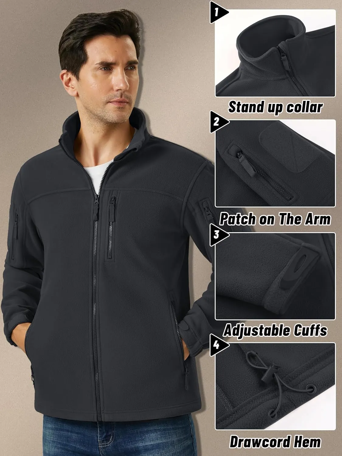 KEFITEVD Men's Tactical Fleece Jackets Full Zip Casual Outdoor Winter Warm Jacket Multi Pockets