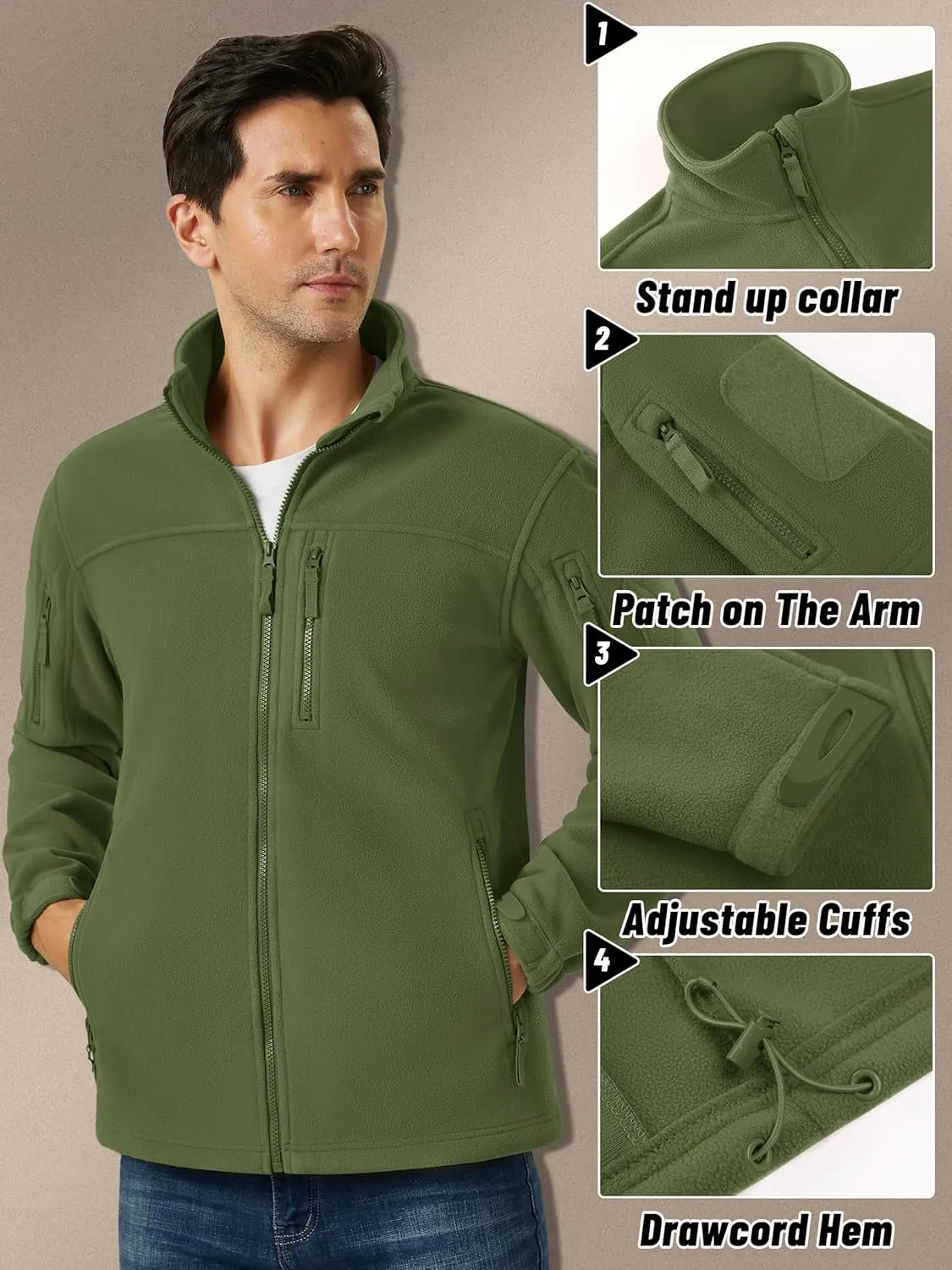 KEFITEVD Men's Tactical Fleece Jackets Full Zip Casual Outdoor Winter Warm Jacket Multi Pockets