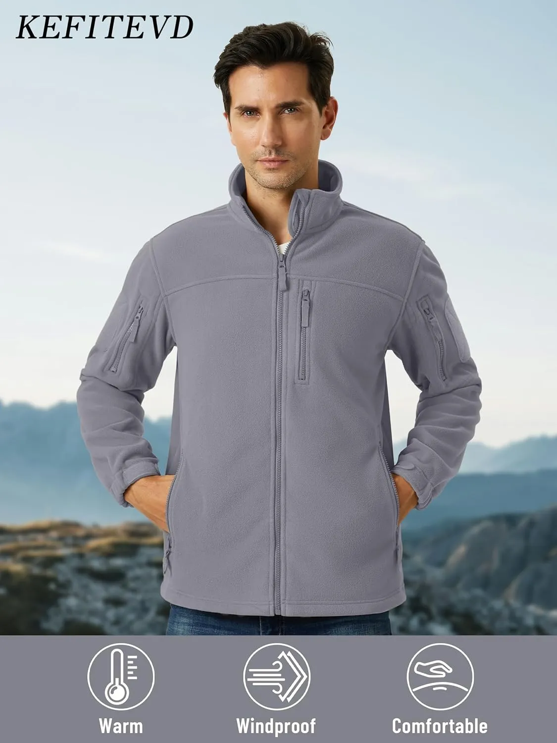 KEFITEVD Men's Tactical Fleece Jackets Full Zip Casual Outdoor Winter Warm Jacket Multi Pockets