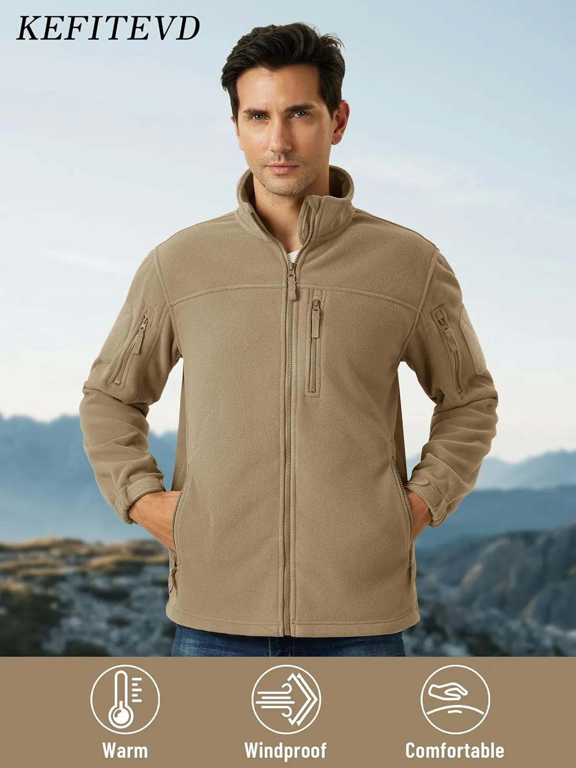 KEFITEVD Men's Tactical Fleece Jackets Full Zip Casual Outdoor Winter Warm Jacket Multi Pockets