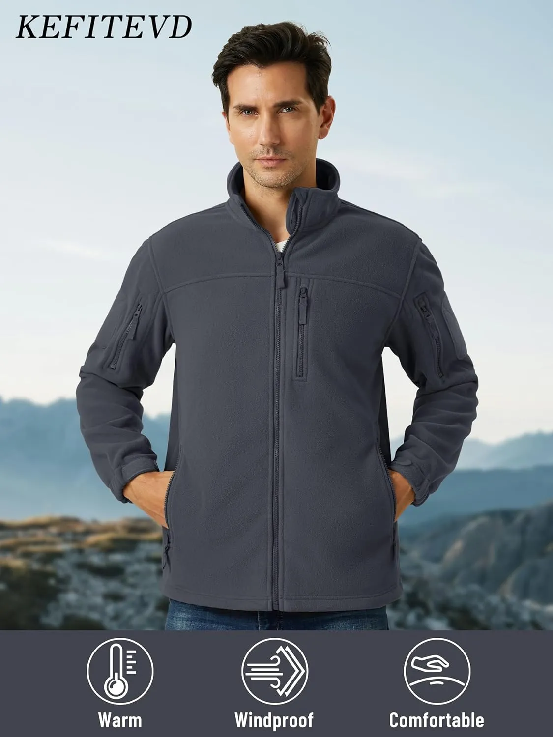 KEFITEVD Men's Tactical Fleece Jackets Full Zip Casual Outdoor Winter Warm Jacket Multi Pockets