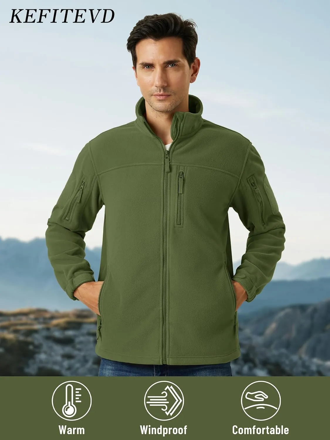 KEFITEVD Men's Tactical Fleece Jackets Full Zip Casual Outdoor Winter Warm Jacket Multi Pockets