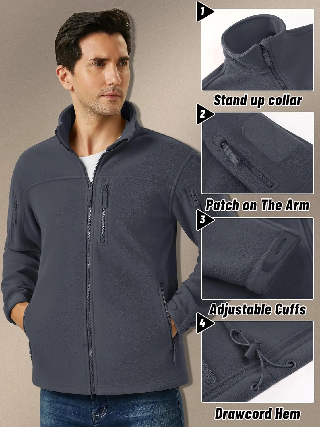 KEFITEVD Men's Tactical Fleece Jackets Full Zip Casual Outdoor Winter Warm Jacket Multi Pockets