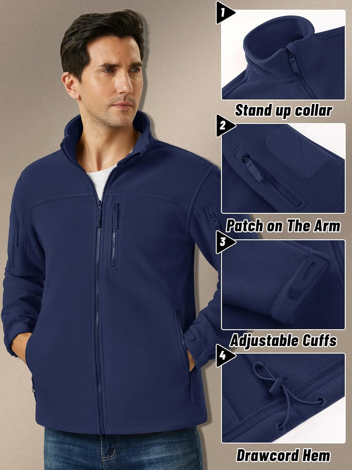 KEFITEVD Men's Tactical Fleece Jackets Full Zip Casual Outdoor Winter Warm Jacket Multi Pockets