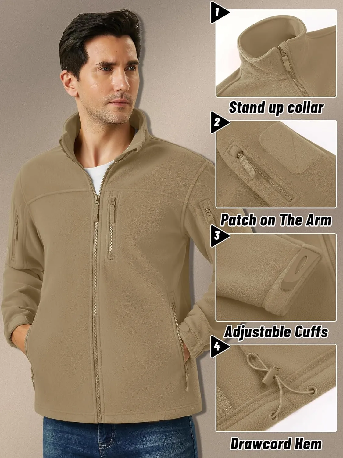 KEFITEVD Men's Tactical Fleece Jackets Full Zip Casual Outdoor Winter Warm Jacket Multi Pockets