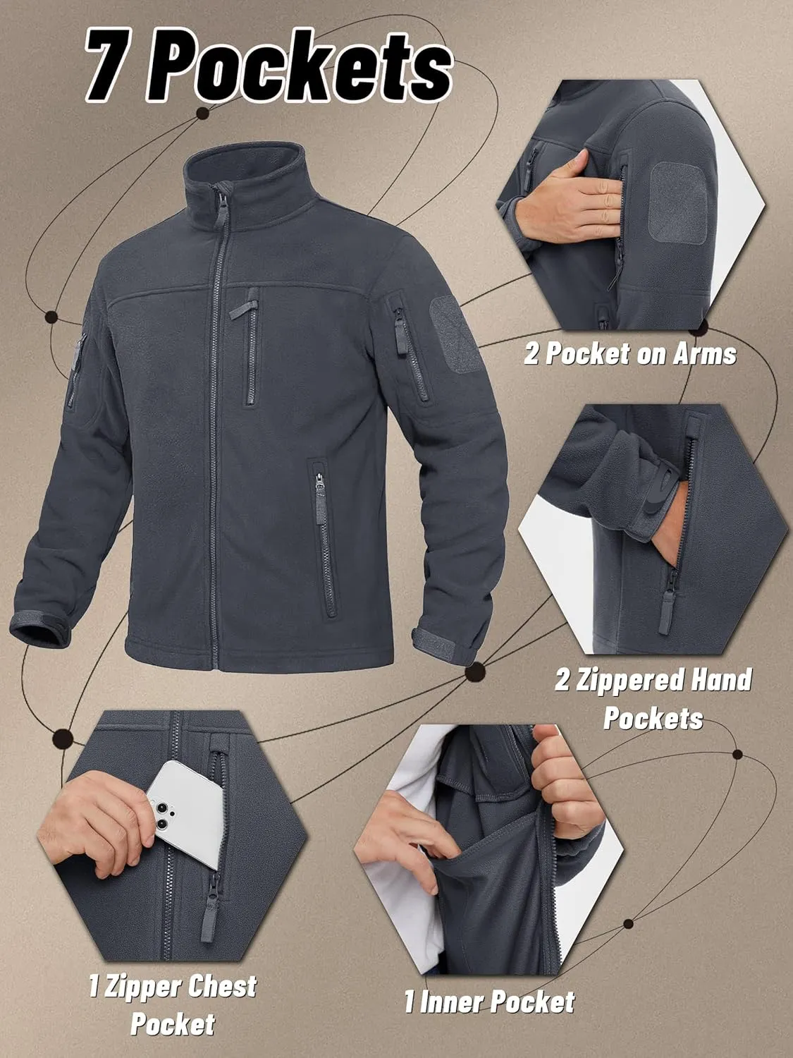 KEFITEVD Men's Tactical Fleece Jackets Full Zip Casual Outdoor Winter Warm Jacket Multi Pockets