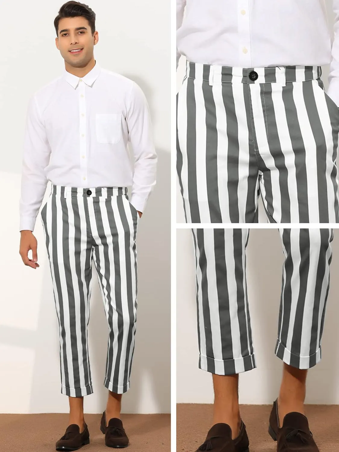 Lars Amadeus Striped Business Pants for Men's Slim Fit Flat Front Tapered Office Cropped Pants