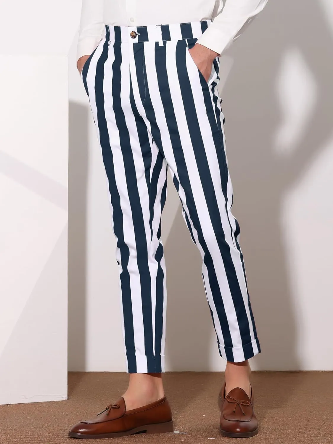 Lars Amadeus Striped Business Pants for Men's Slim Fit Flat Front Tapered Office Cropped Pants