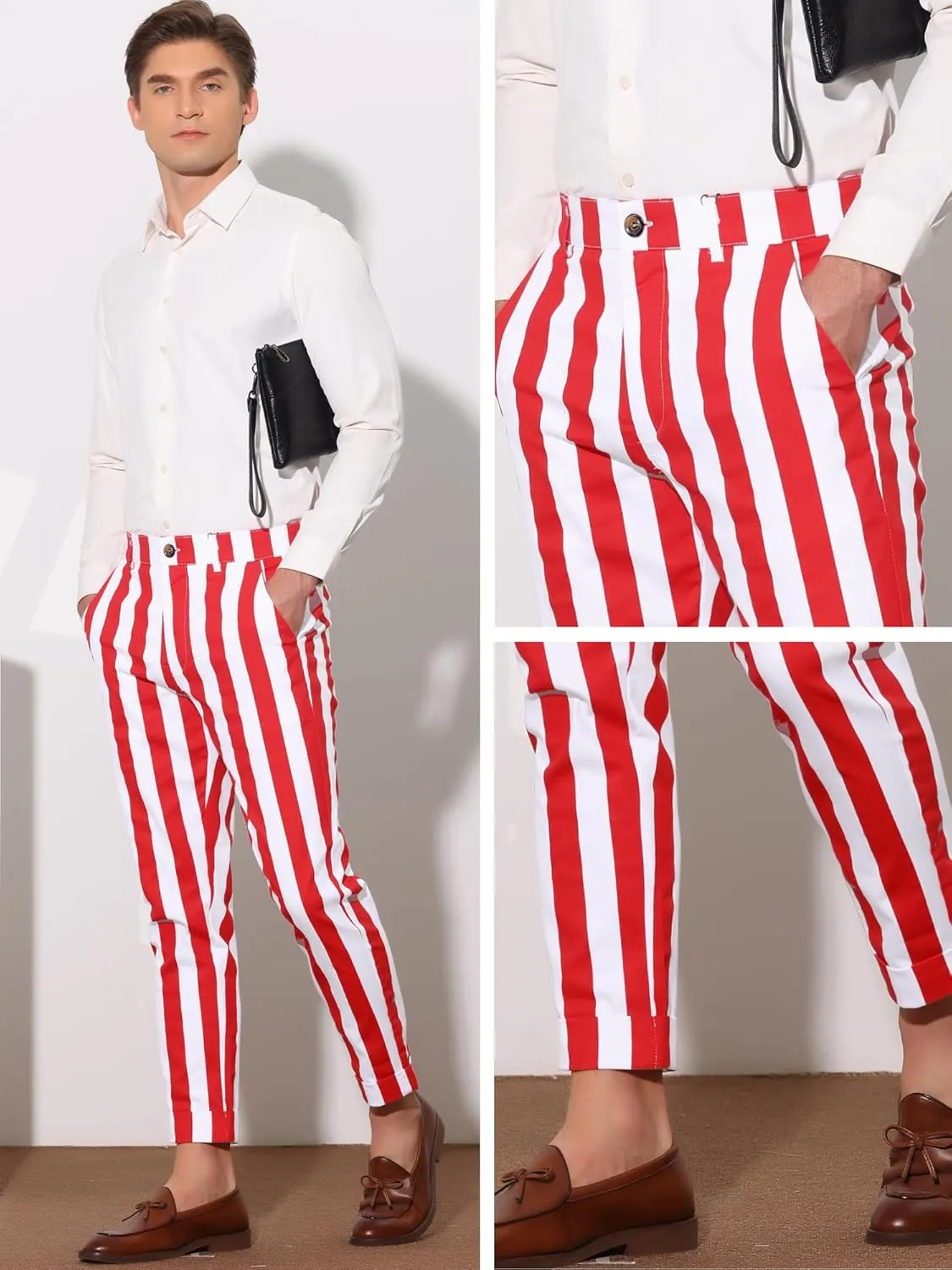 Lars Amadeus Striped Business Pants for Men's Slim Fit Flat Front Tapered Office Cropped Pants