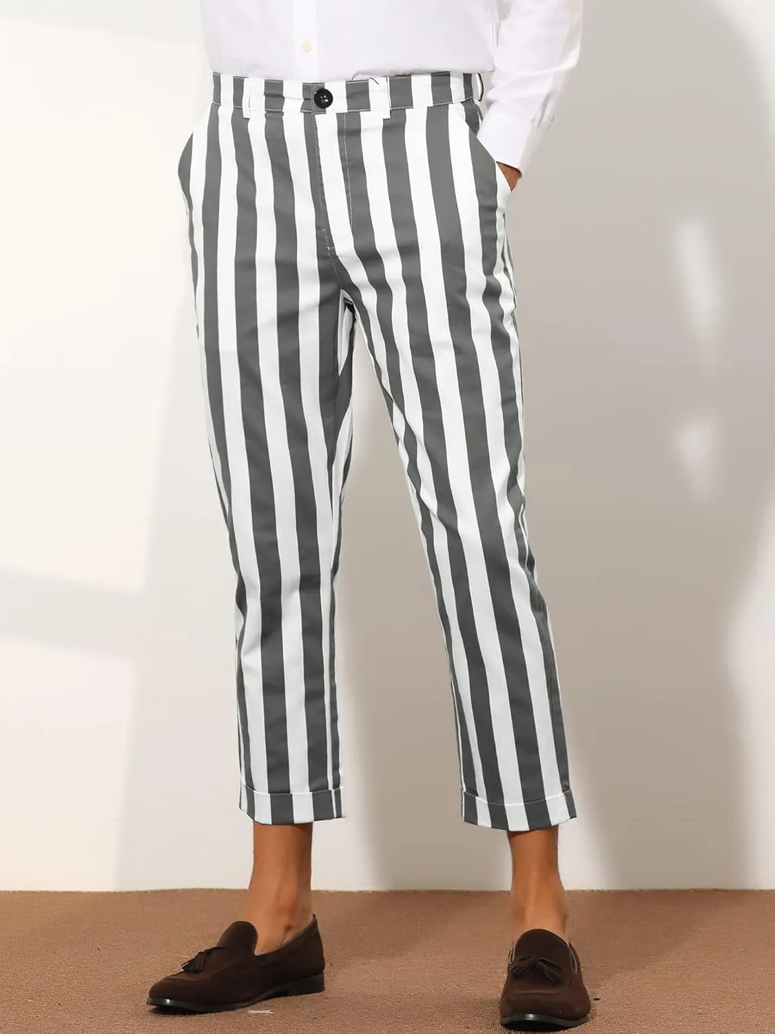 Lars Amadeus Striped Business Pants for Men's Slim Fit Flat Front Tapered Office Cropped Pants