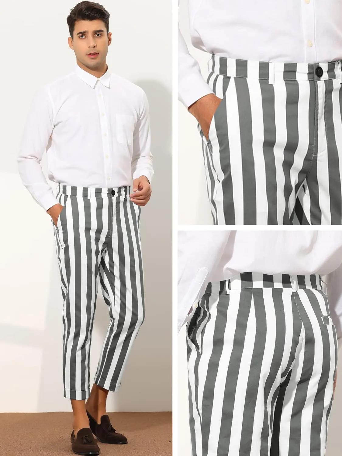 Lars Amadeus Striped Business Pants for Men's Slim Fit Flat Front Tapered Office Cropped Pants