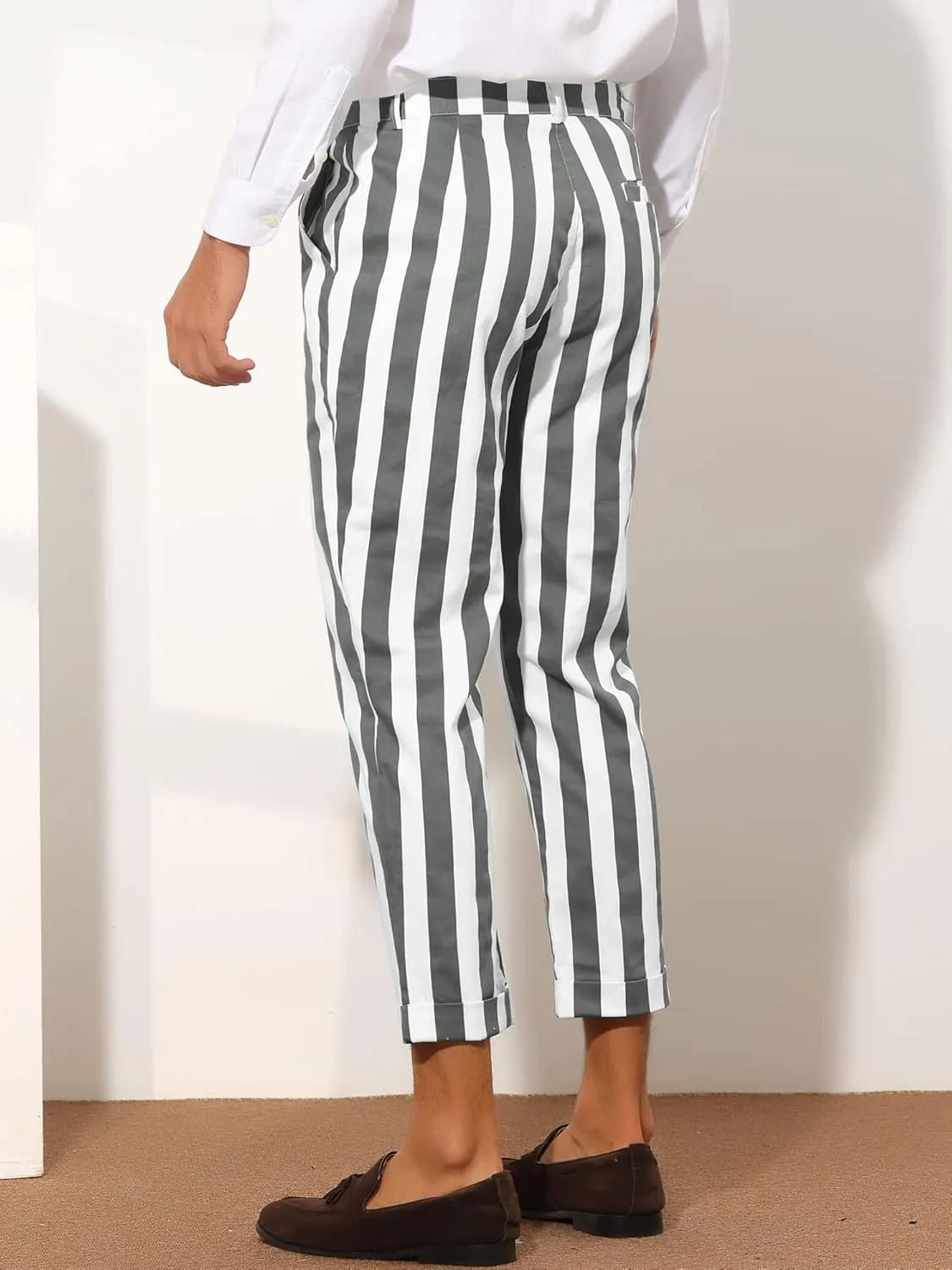 Lars Amadeus Striped Business Pants for Men's Slim Fit Flat Front Tapered Office Cropped Pants