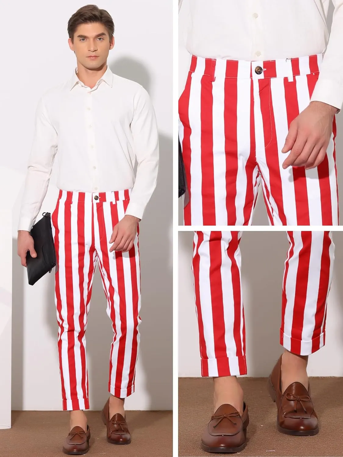 Lars Amadeus Striped Business Pants for Men's Slim Fit Flat Front Tapered Office Cropped Pants