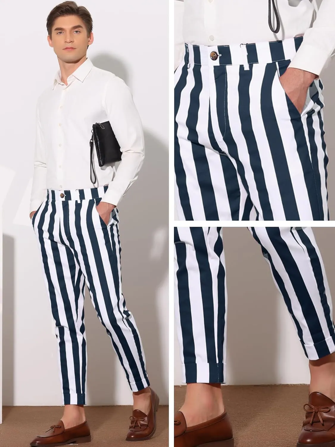 Lars Amadeus Striped Business Pants for Men's Slim Fit Flat Front Tapered Office Cropped Pants