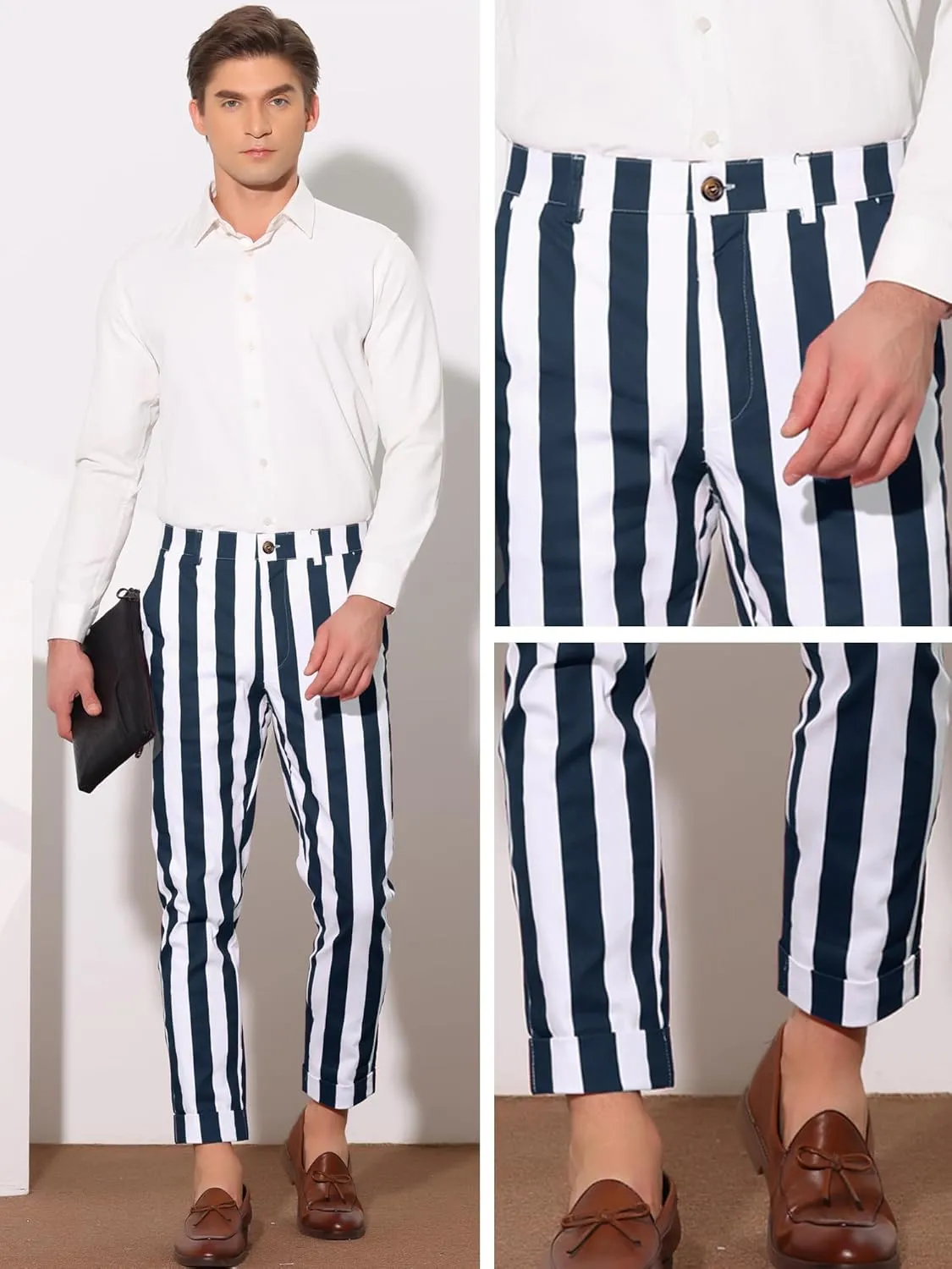 Lars Amadeus Striped Business Pants for Men's Slim Fit Flat Front Tapered Office Cropped Pants