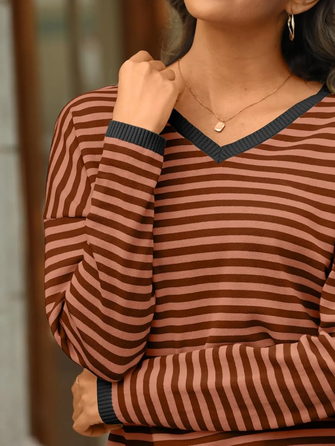 LILLUSORY Womens Sweaters Striped V Neck Oversized Lightweight Pullover Fall Outfits Fashion 2025 Cute Drop Shoulder Clothes