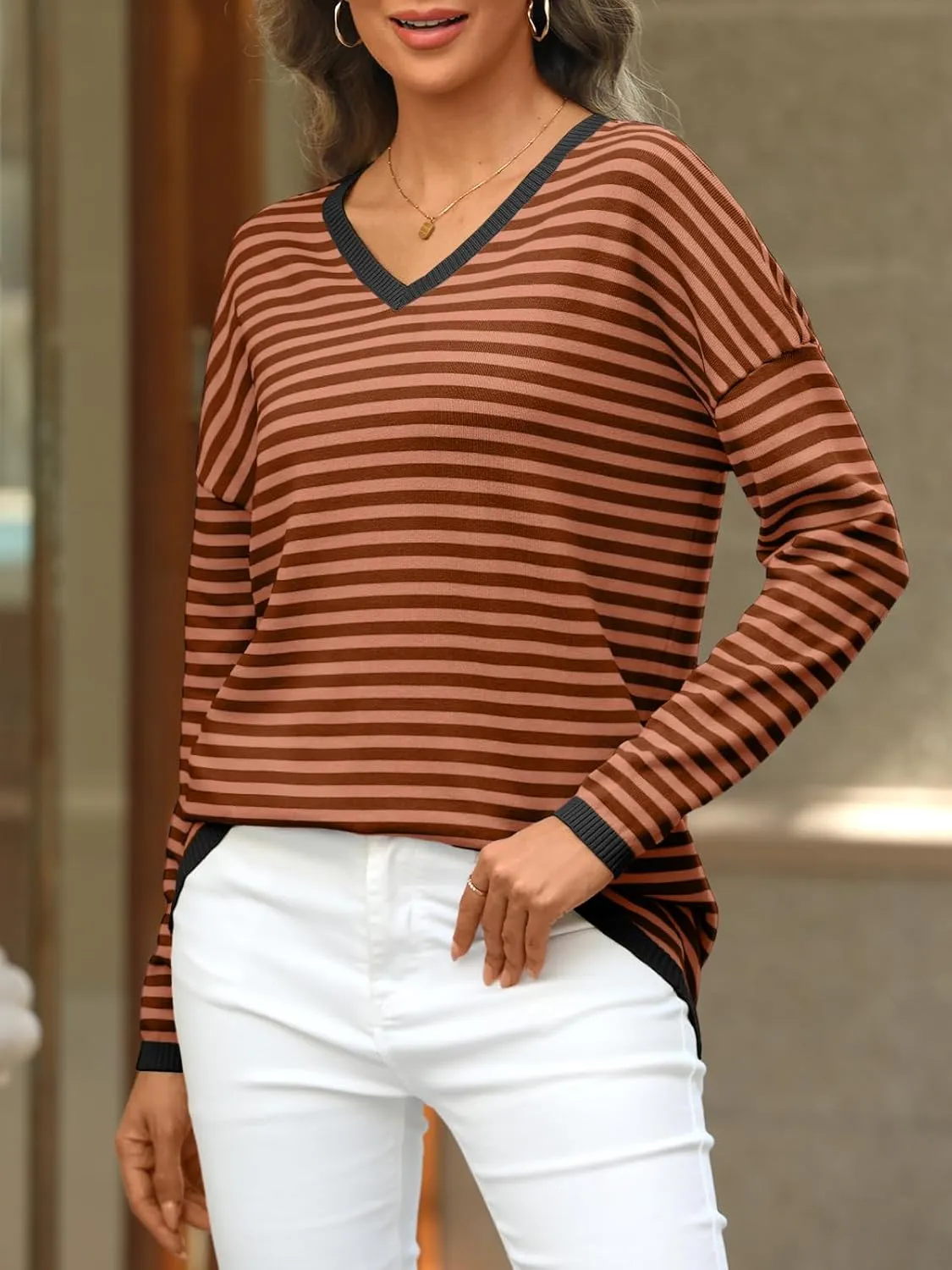 LILLUSORY Womens Sweaters Striped V Neck Oversized Lightweight Pullover Fall Outfits Fashion 2025 Cute Drop Shoulder Clothes
